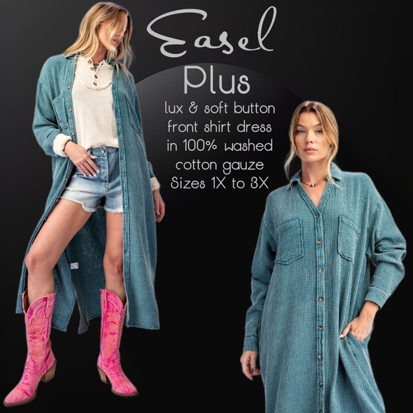EASEL “Irresistible” Lux Mineral Washed Buttoned Relaxed Fit Shirt Dress Pockets - Picture 1 of 16